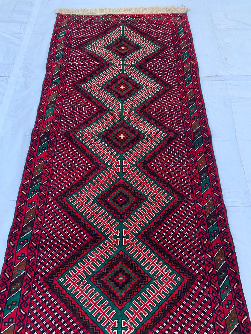 3x6 Vintage Afghan Turkmen Bokhara Rug – Handmade Wool Carpet with Traditional Geometric Gul Design in Rich Red & Deep Brown 2.9x6.2 ft