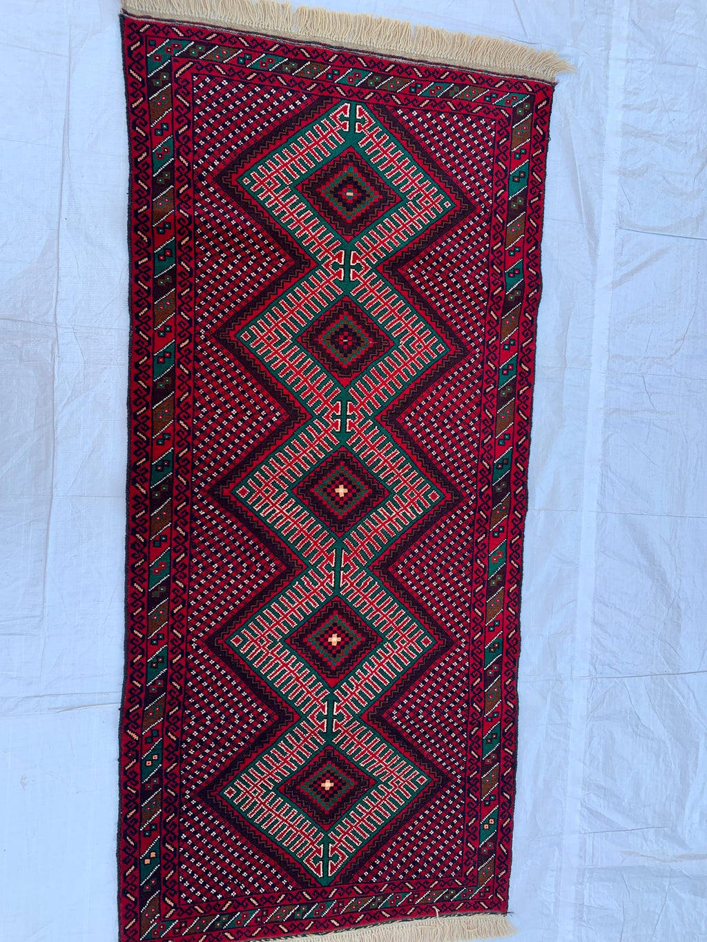 3x6 Vintage Afghan Turkmen Bokhara Rug – Handmade Wool Carpet with Traditional Geometric Gul Design in Rich Red & Deep Brown 2.9x6.2 ft