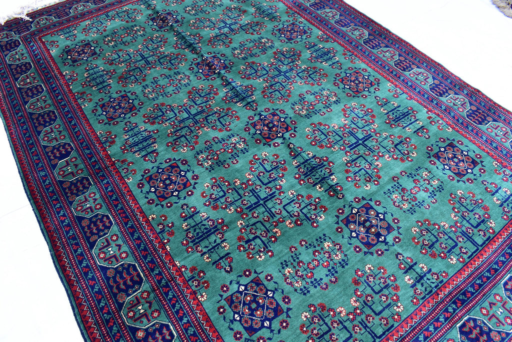 6x9 Green Bukhara Rug with Navy Blue and Red Accent–Handmade Elegance for Modern Interiors, Rug for Living Room, Perfect for Bedroom 6.5x9.7