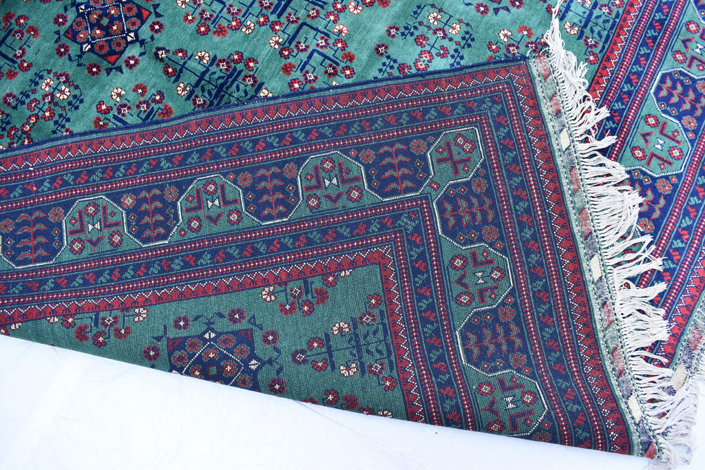6x9 Green Bukhara Rug with Navy Blue and Red Accent–Handmade Elegance for Modern Interiors, Rug for Living Room, Perfect for Bedroom 6.5x9.7