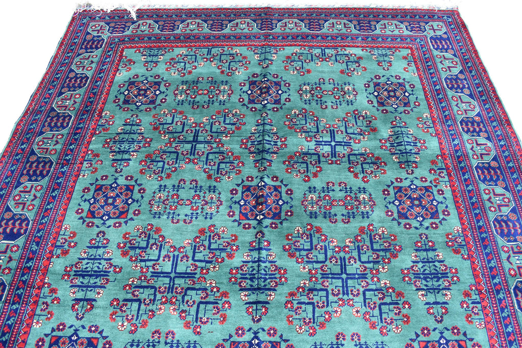 6x9 Green Bukhara Rug with Navy Blue and Red Accent–Handmade Elegance for Modern Interiors, Rug for Living Room, Perfect for Bedroom 6.5x9.7