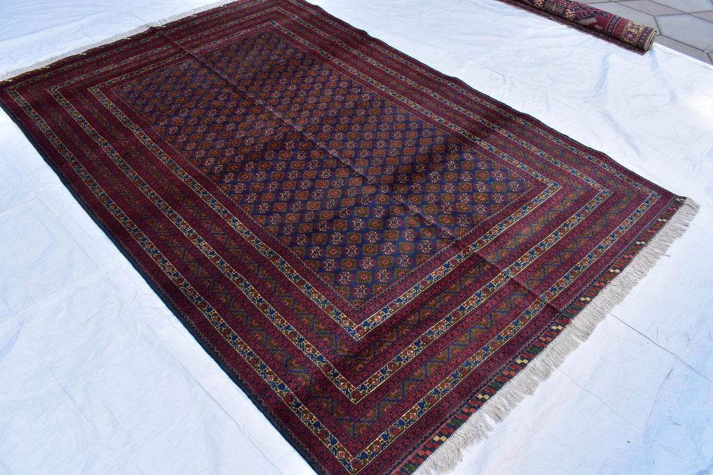 6x9 Elegant Red and Navy Blue Hoja Roshnai Rug–Traditional Handmade Oriental Design for Modern Interiors, Perfect for Bedroom, Living Room