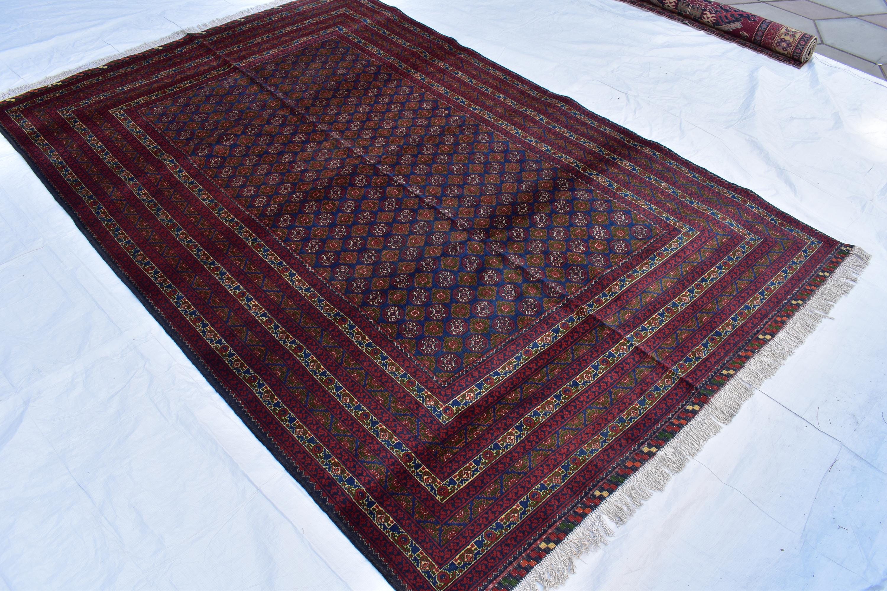 6x9 Elegant Red and Navy Blue Hoja Roshnai Rug–Traditional Handmade Oriental Design for Modern Interiors, Perfect for Bedroom, Living Room