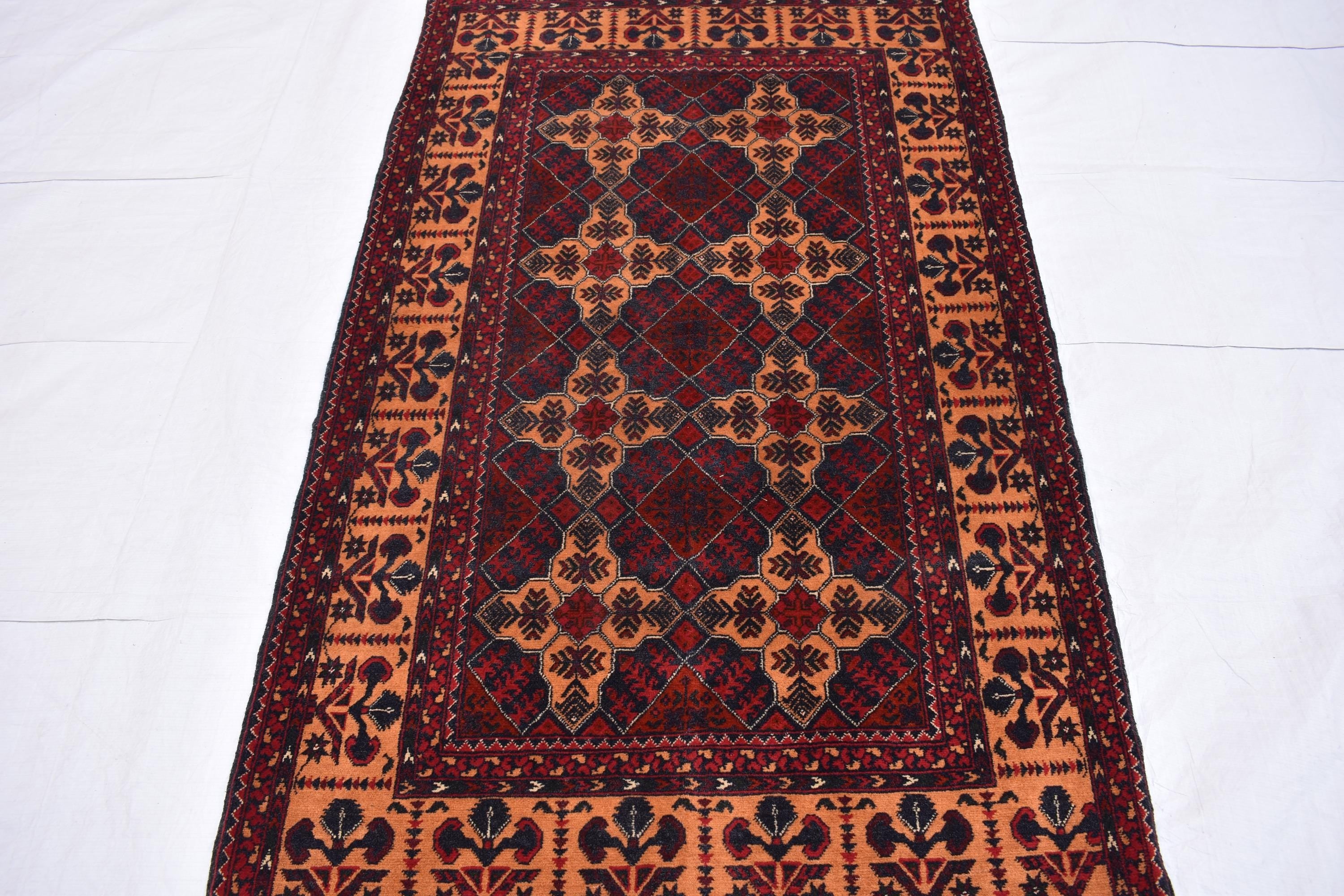 6x3 Handmade Afghan Sitara Naksha Rug - Red & Burgundy Wool Tribal Carpet - Vintage Bohemian Area Rug, Small Size Entryway Rug, 5.8x3.2 ft