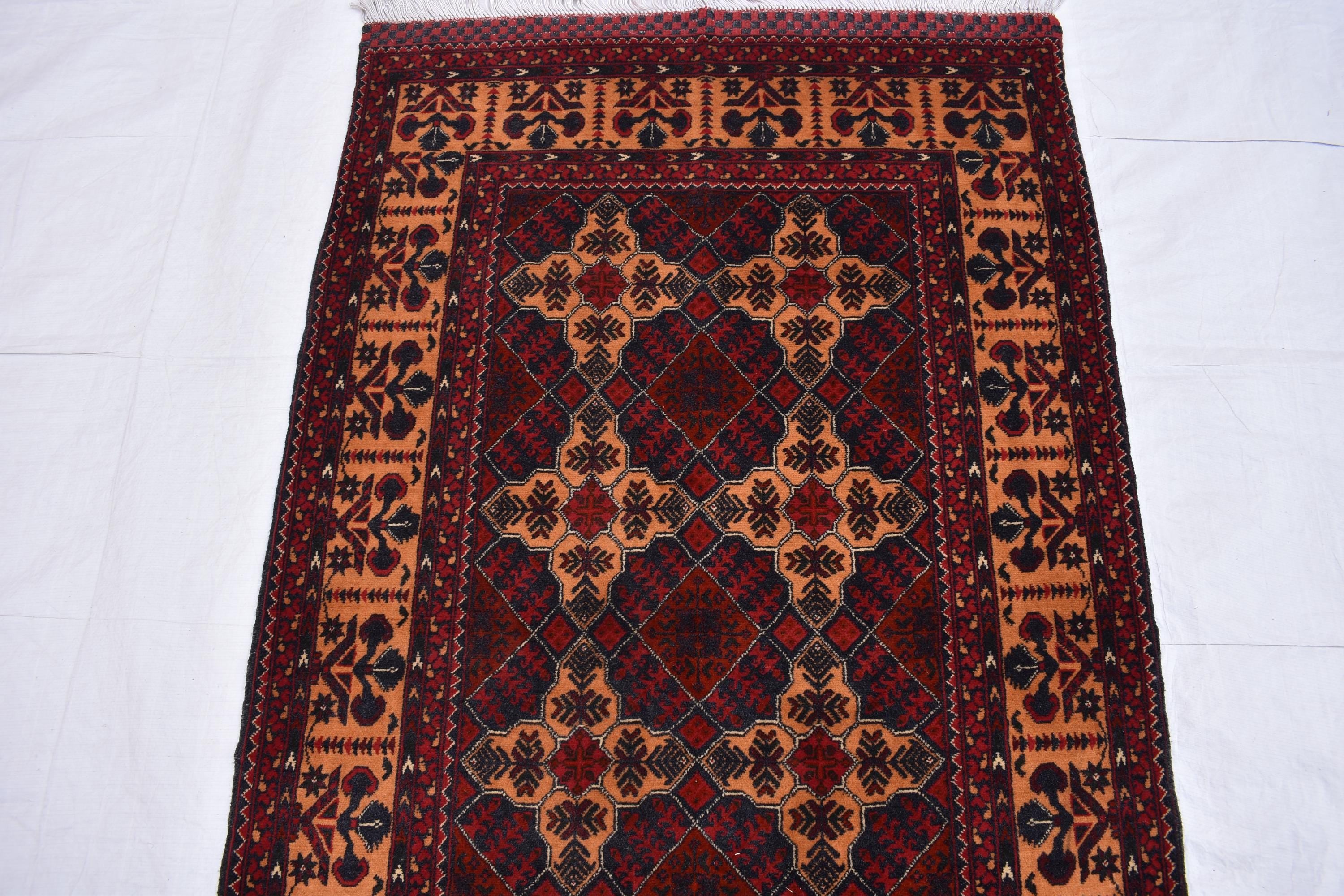 6x3 Handmade Afghan Sitara Naksha Rug - Red & Burgundy Wool Tribal Carpet - Vintage Bohemian Area Rug, Small Size Entryway Rug, 5.8x3.2 ft
