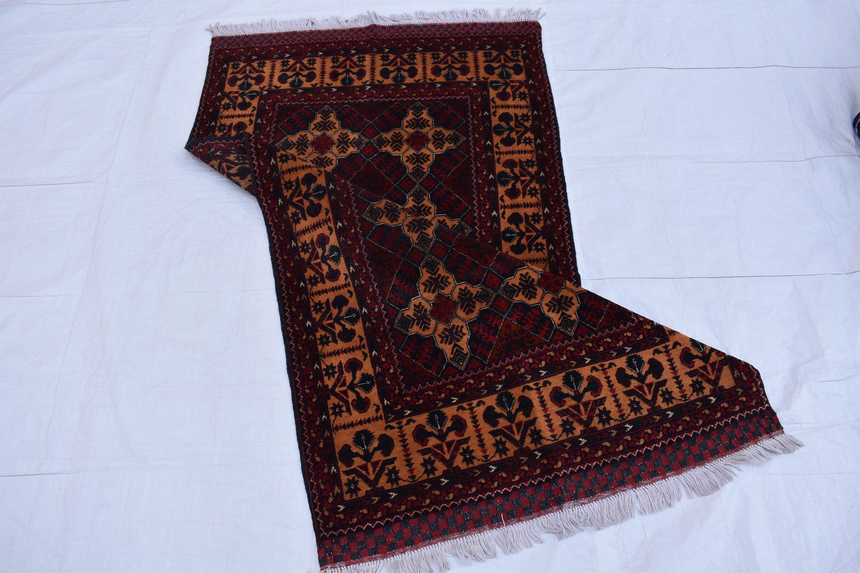 6x3 Handmade Afghan Sitara Naksha Rug - Red & Burgundy Wool Tribal Carpet - Vintage Bohemian Area Rug, Small Size Entryway Rug, 5.8x3.2 ft