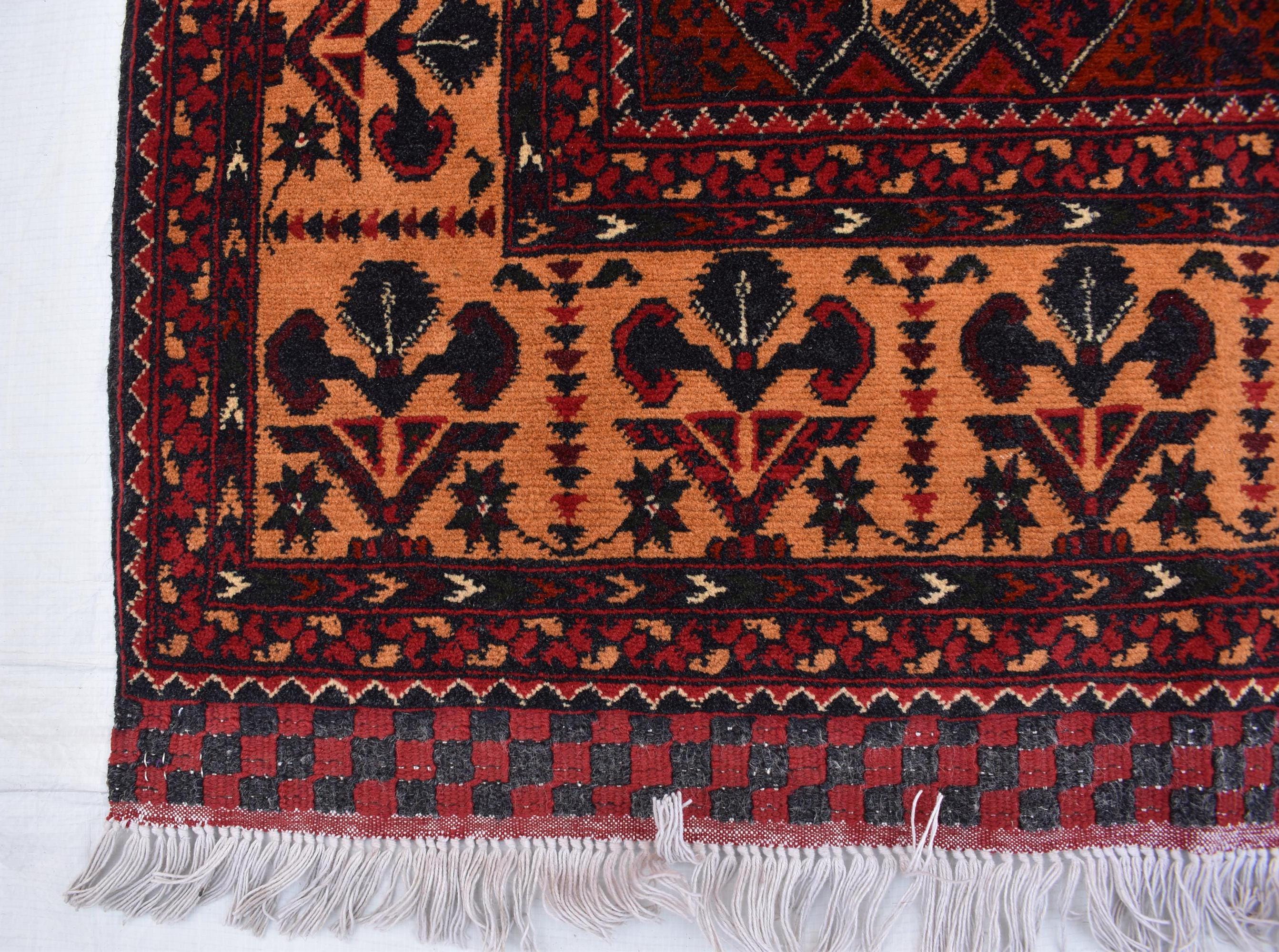 6x3 Handmade Afghan Sitara Naksha Rug - Red & Burgundy Wool Tribal Carpet - Vintage Bohemian Area Rug, Small Size Entryway Rug, 5.8x3.2 ft