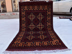6x3 Handmade Afghan Sitara Naksha Rug - Red & Burgundy Wool Tribal Carpet - Vintage Bohemian Area Rug, Small Size Entryway Rug, 5.8x3.2 ft