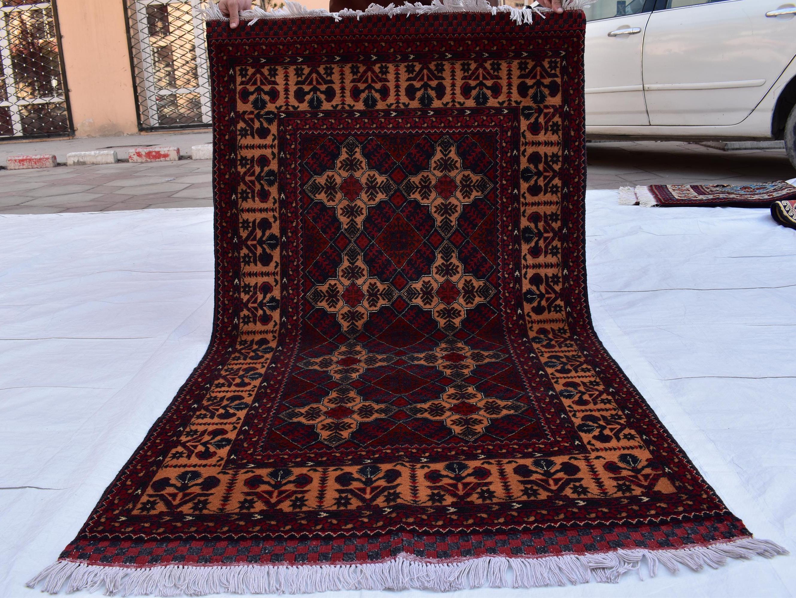 6x3 Handmade Afghan Sitara Naksha Rug - Red & Burgundy Wool Tribal Carpet - Vintage Bohemian Area Rug, Small Size Entryway Rug, 5.8x3.2 ft