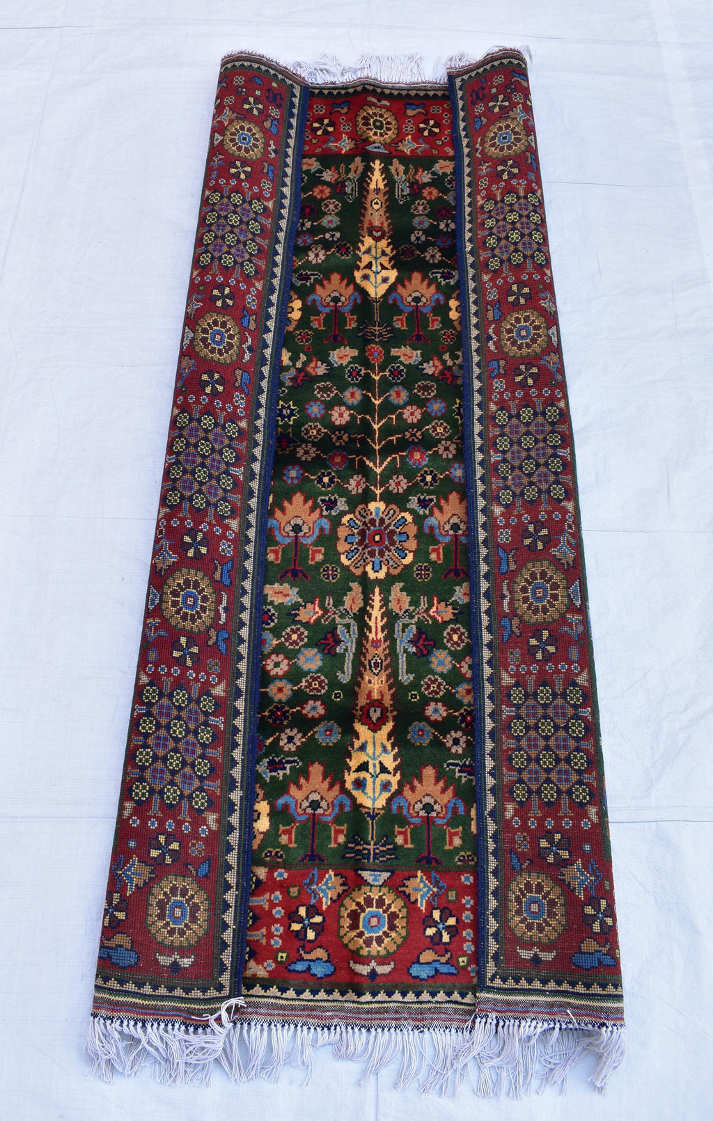 3x5 Olive Green and Red Afghan Gandum Naksha Rug-Hand-Knotted Wool Tribal Carpet, Bohemian Area Rug, Perfect for Bedroom, Office 5x3.3