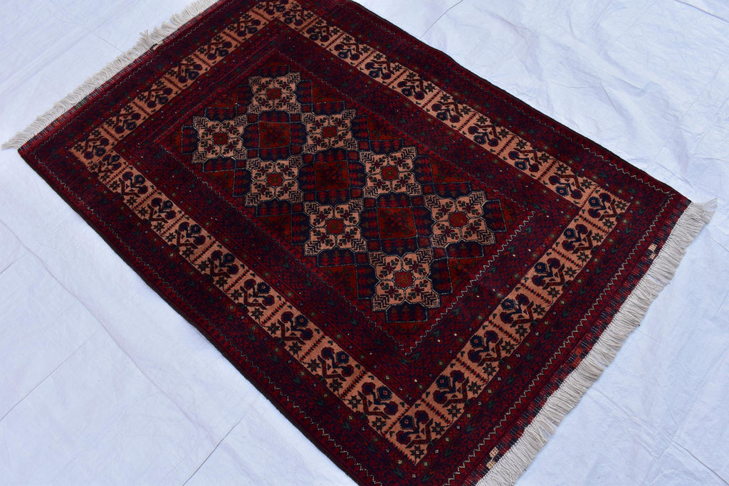 3x5 Handmade Afghan Sitara Naksha Rug - Red & Burgundy Wool Tribal Carpet - Vintage Bohemian Area Rug, Perfect for Bedroom, Office 5x3.5 ft