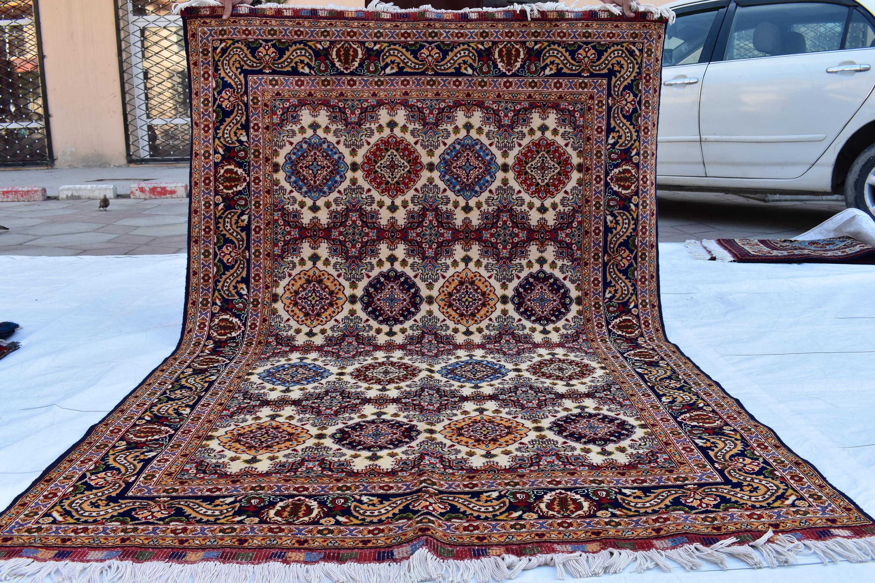 5x7 Handmade Abresham Afghan Rug–Cream Color, Traditional Geometric Design, Rug for Living Room, Bedroom, Dining Room, Boho Home Decor 5x7.3