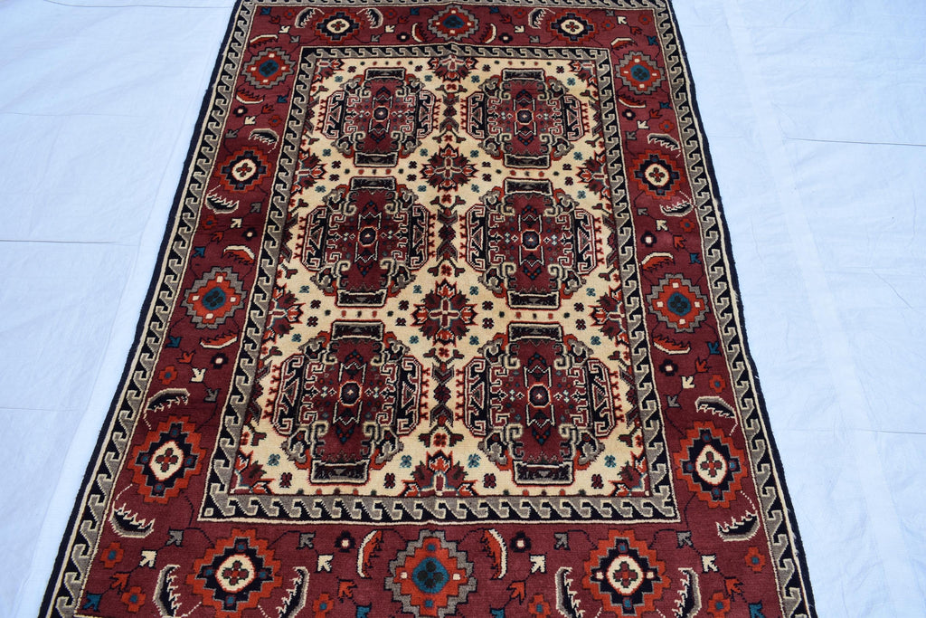 3x5 Medallion Pattern Handwoven Rug – Burgundy & Beige, Traditional Afghan Wool Carpet, Rug for Living Room, Bedrooms, Hallway Rug 3.4x5 ft