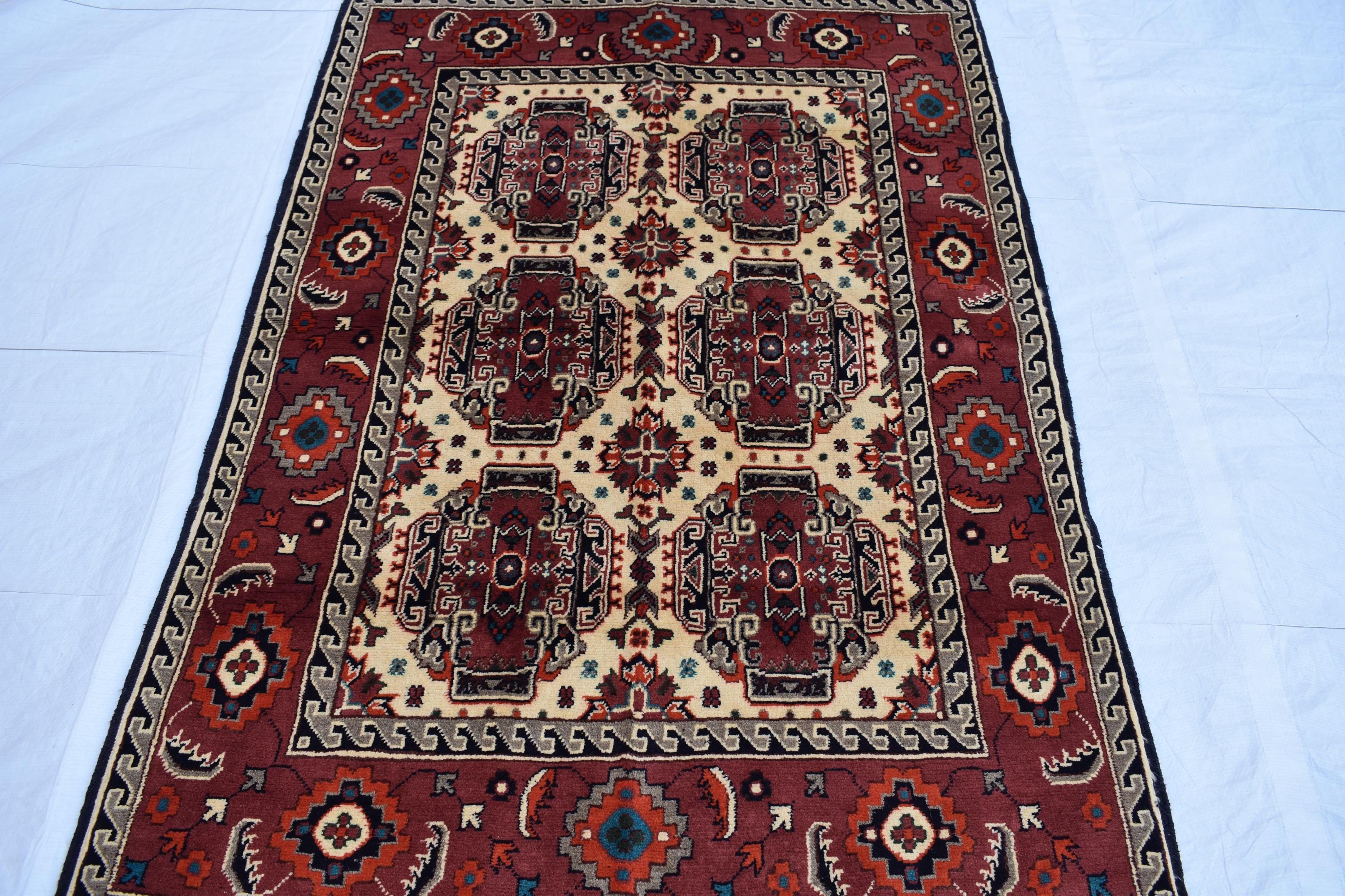 3x5 Medallion Pattern Handwoven Rug – Burgundy & Beige, Traditional Afghan Wool Carpet, Rug for Living Room, Bedrooms, Hallway Rug 3.4x5 ft