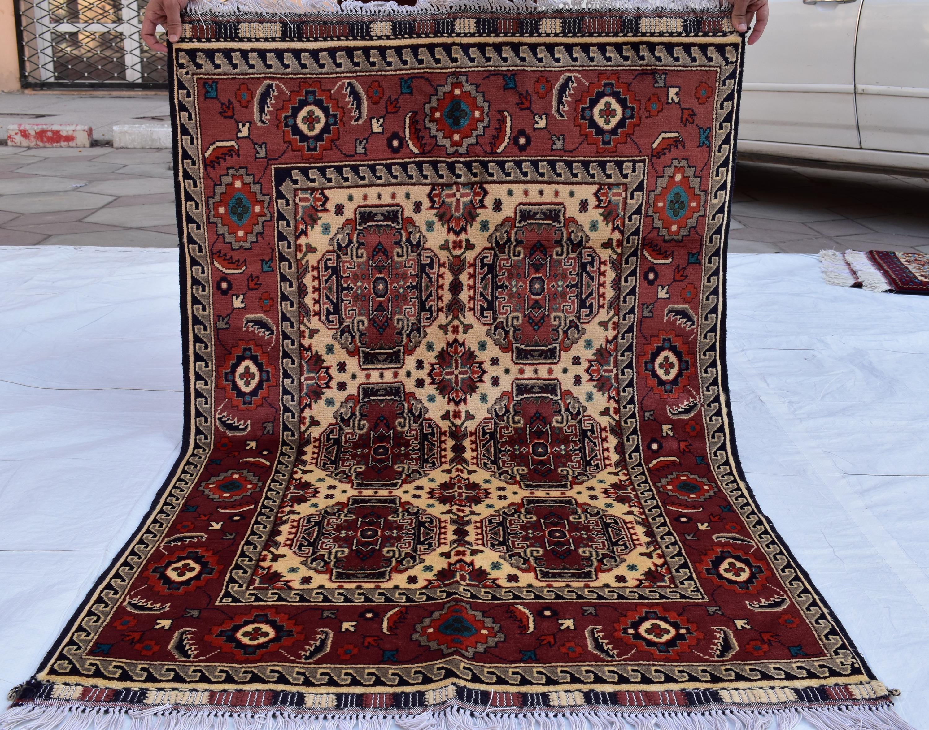 3x5 Medallion Pattern Handwoven Rug – Burgundy & Beige, Traditional Afghan Wool Carpet, Rug for Living Room, Bedrooms, Hallway Rug 3.4x5 ft