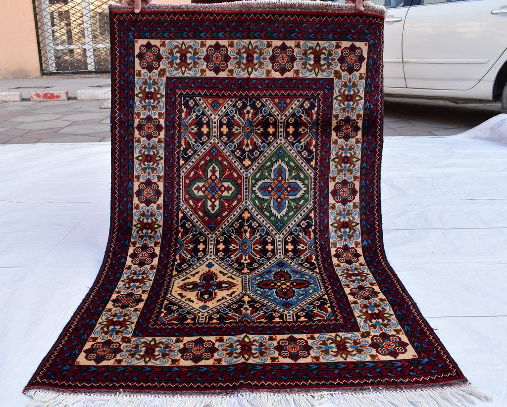 Handwoven Kashi Rug 3.3x5 ft – Traditional Afghan Wool Carpet, Small Area Rug, Persian Style Rug, Rug for Bedroom, Living Room, Hallway Rug