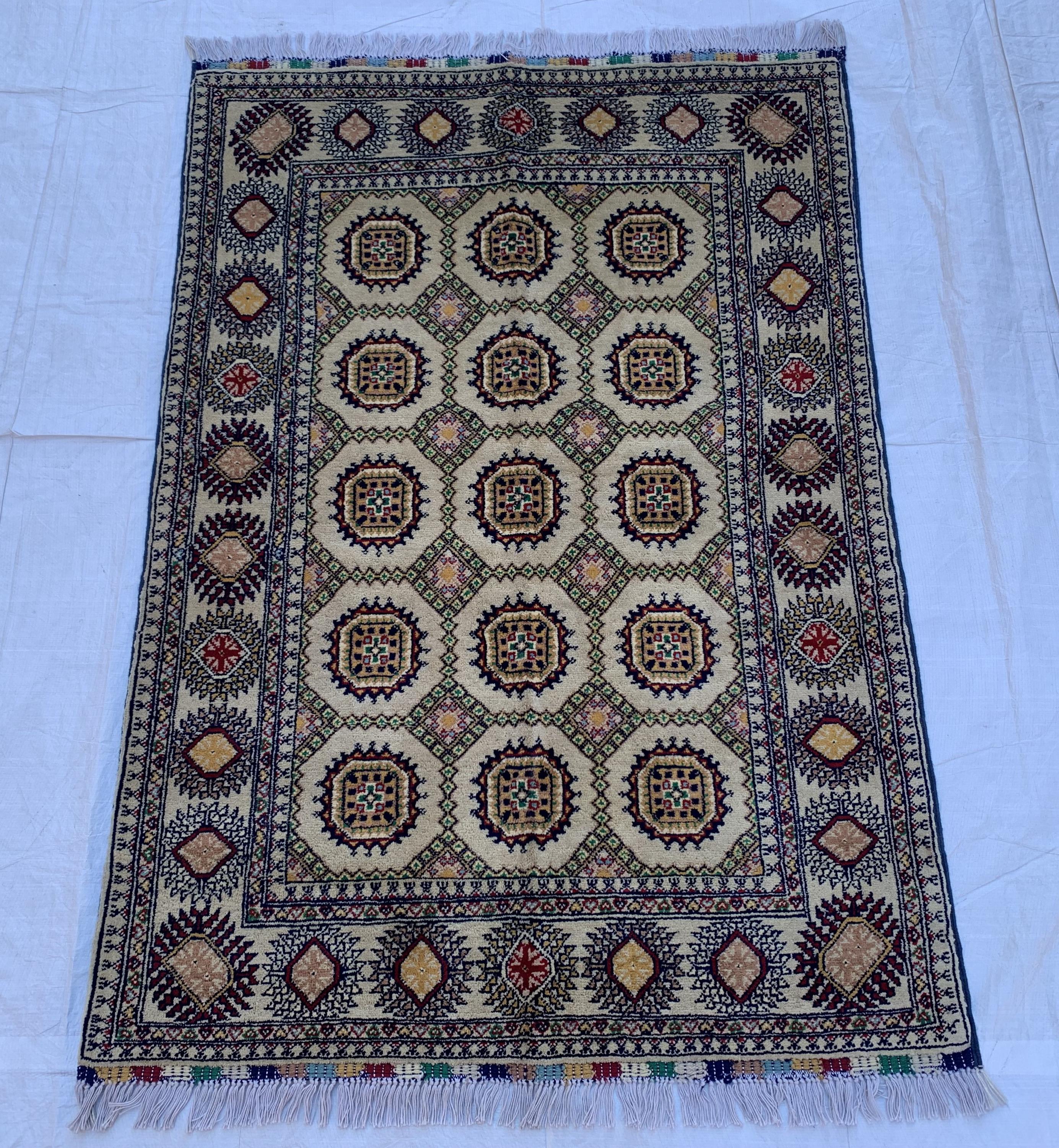 5x3 Handmade Ahal Gul Rug–Authentic Turkmen Tribal Carpet, Beige Wool Rug, Boho Home Decor, Unique Floor Covering 4.6x3.1 ft Bedroom Rug