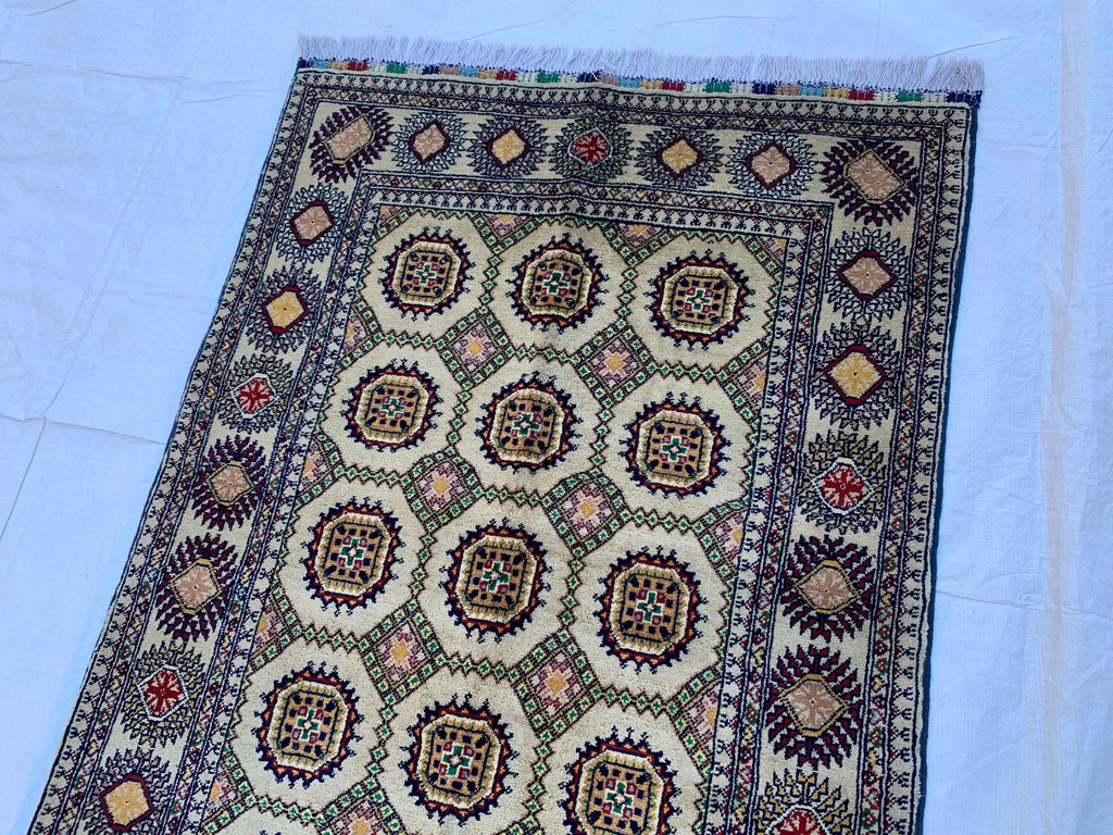 5x3 Handmade Ahal Gul Rug–Authentic Turkmen Tribal Carpet, Beige Wool Rug, Boho Home Decor, Unique Floor Covering 4.6x3.1 ft Bedroom Rug