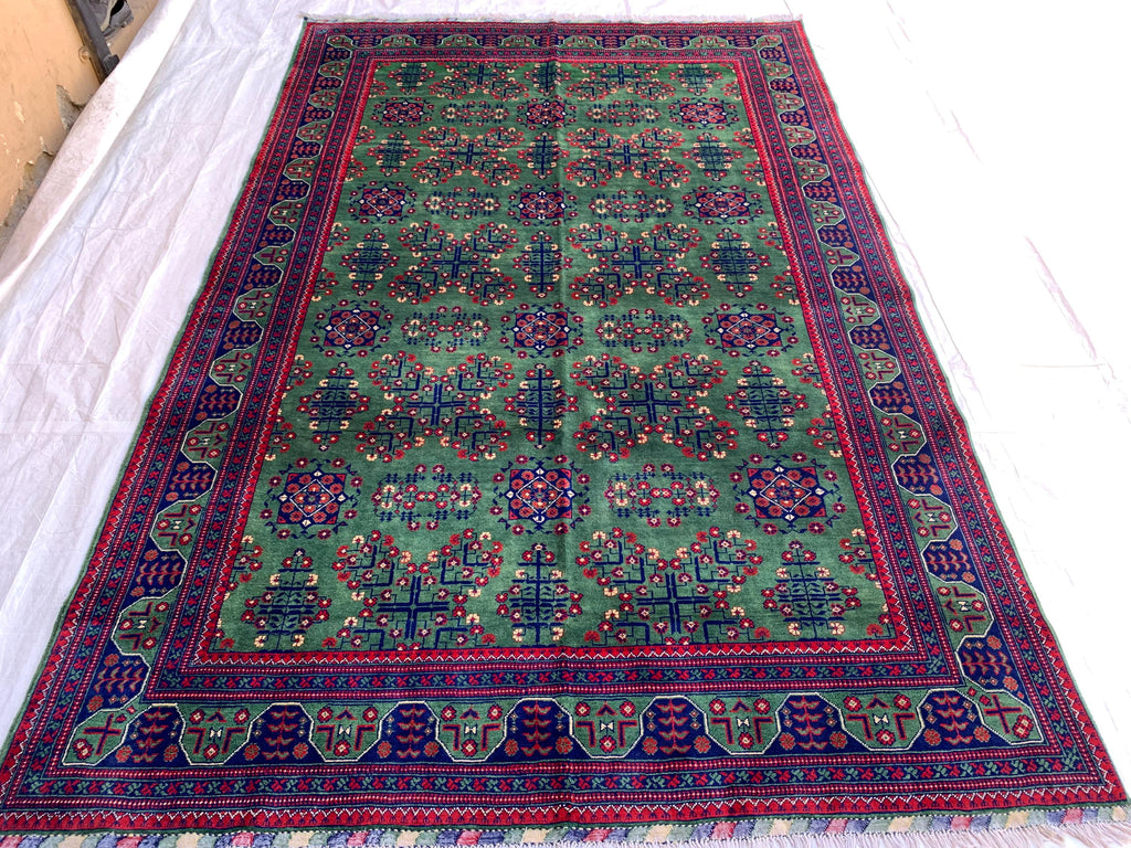 7x10 Green Khal Mohammadi Bukhara Rug– Afghan Tribal Carpet, Geometric Wool Rug, Rug for Living Room, Boho Chic Floor Decor 9.8x6.5 ft