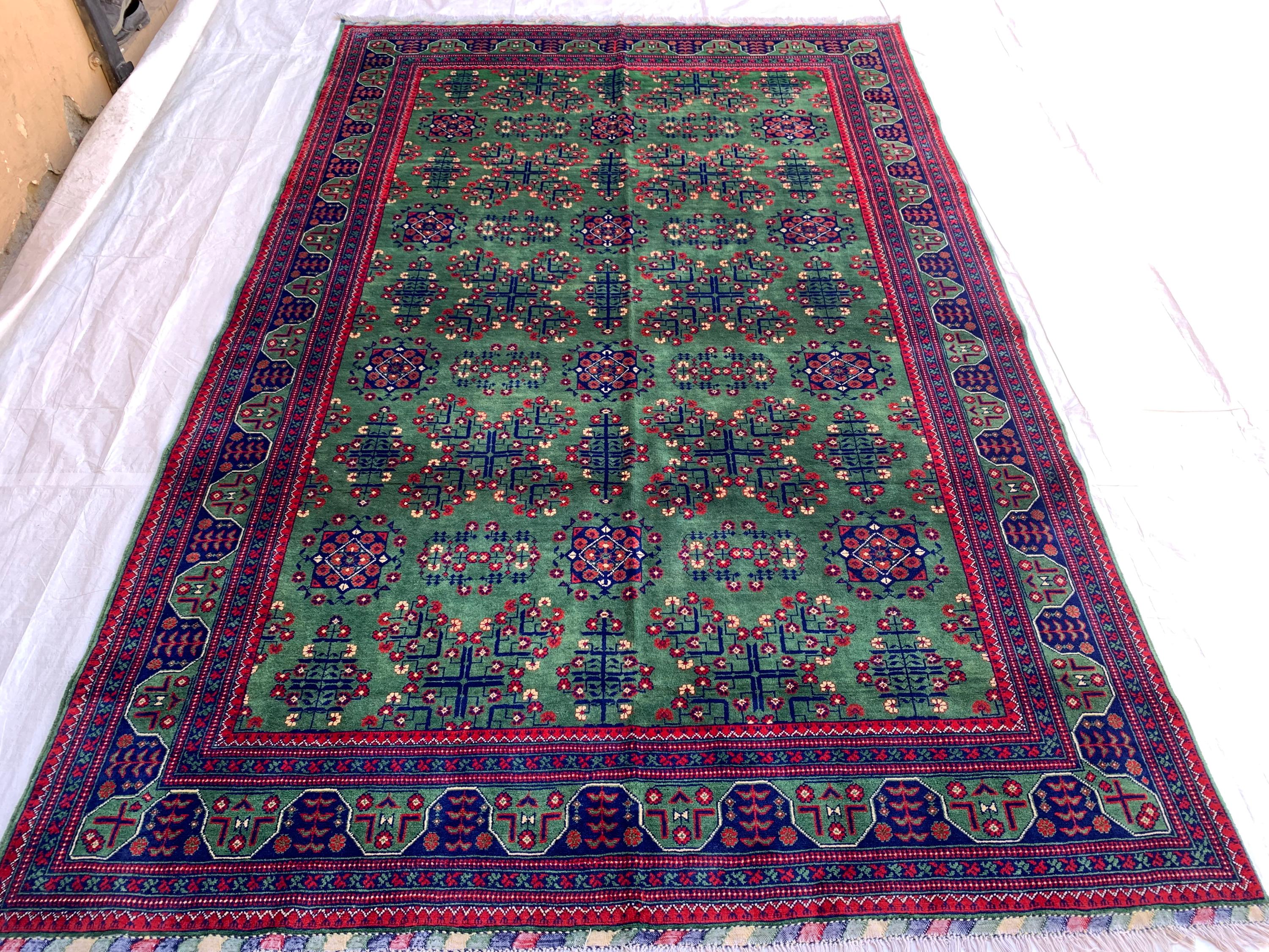 7x10 Green Khal Mohammadi Bukhara Rug– Afghan Tribal Carpet, Geometric Wool Rug, Rug for Living Room, Boho Chic Floor Decor 9.8x6.5 ft