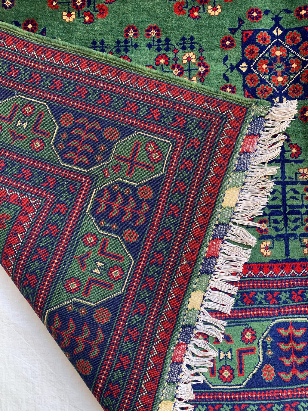 7x10 Green Khal Mohammadi Bukhara Rug– Afghan Tribal Carpet, Geometric Wool Rug, Rug for Living Room, Boho Chic Floor Decor 9.8x6.5 ft