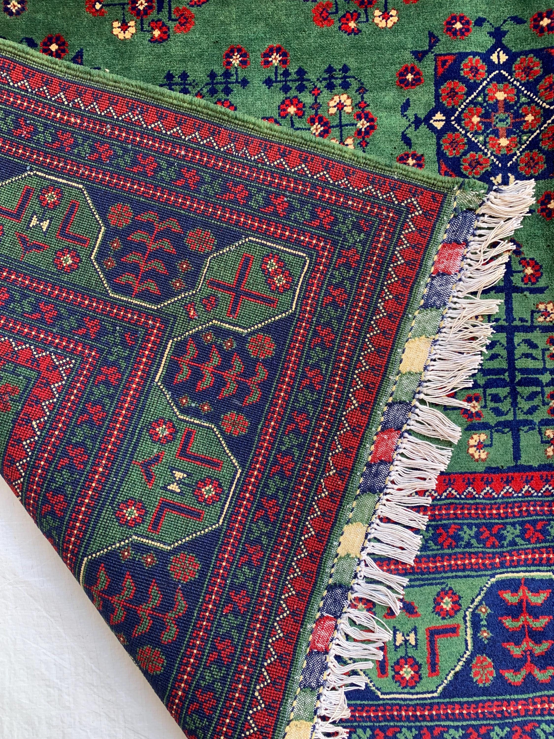 7x10 Green Khal Mohammadi Bukhara Rug– Afghan Tribal Carpet, Geometric Wool Rug, Rug for Living Room, Boho Chic Floor Decor 9.8x6.5 ft
