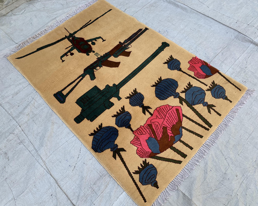 Afghan War Rug 3.3x4.7 ft – Handwoven Conflict Art with Helicopter, AK-47 & Poppy Flowers – Vintage Tribal Wool Carpet, Rug for Kids Room