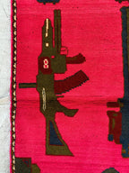Afghan War Rug 2.6x4 ft – Handwoven Conflict Art with Helicopter, AK-47 & Poppy Flowers – Vintage Tribal Wool Carpet, Collectors Item