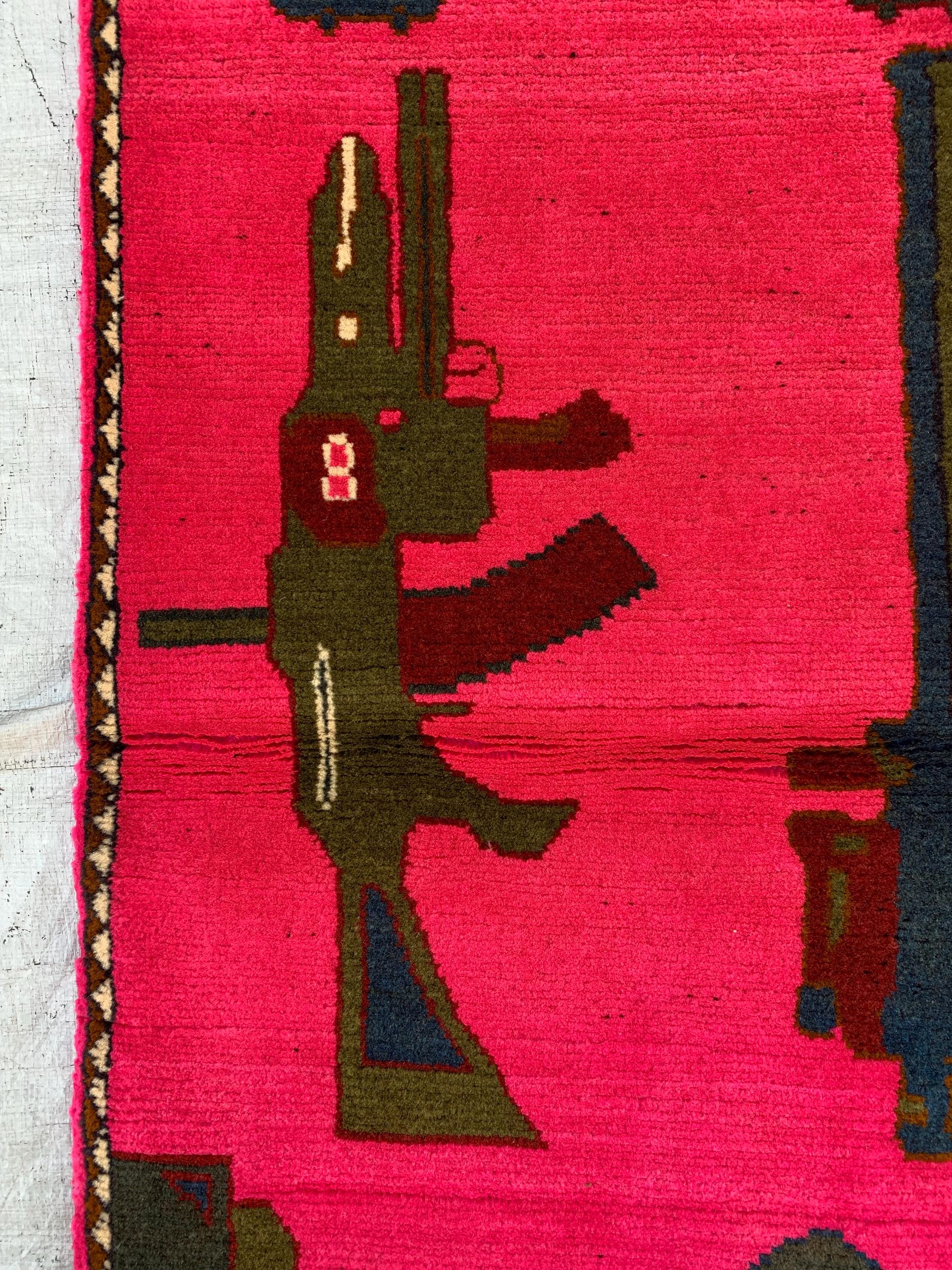 Afghan War Rug 2.6x4 ft – Handwoven Conflict Art with Helicopter, AK-47 & Poppy Flowers – Vintage Tribal Wool Carpet, Collectors Item
