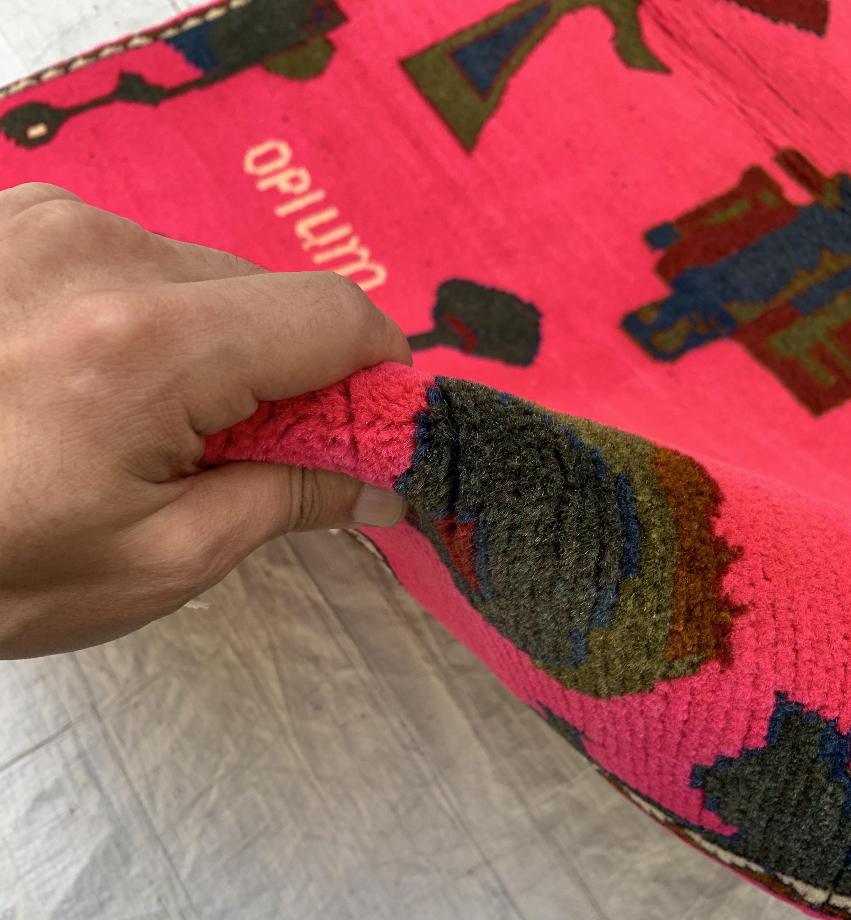 Afghan War Rug 2.6x4 ft – Handwoven Conflict Art with Helicopter, AK-47 & Poppy Flowers – Vintage Tribal Wool Carpet, Collectors Item