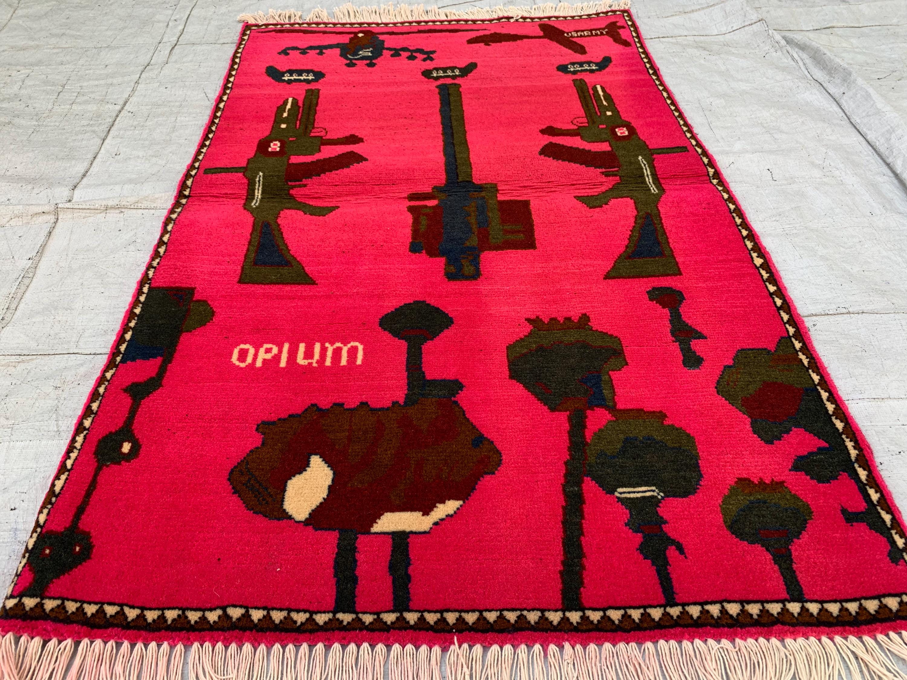 Afghan War Rug 2.6x4 ft – Handwoven Conflict Art with Helicopter, AK-47 & Poppy Flowers – Vintage Tribal Wool Carpet, Collectors Item