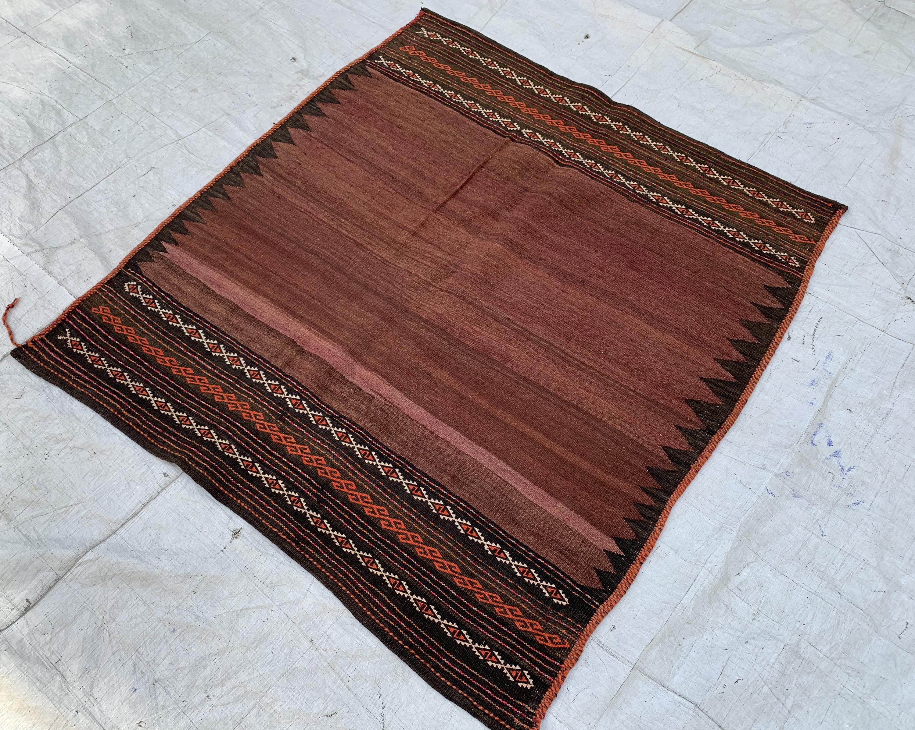 Vintage Square Kilim Rug – 4x3.7 ft – Handwoven Tribal Geometric – Boho Decor - Collectors Item - 40 years old Antique