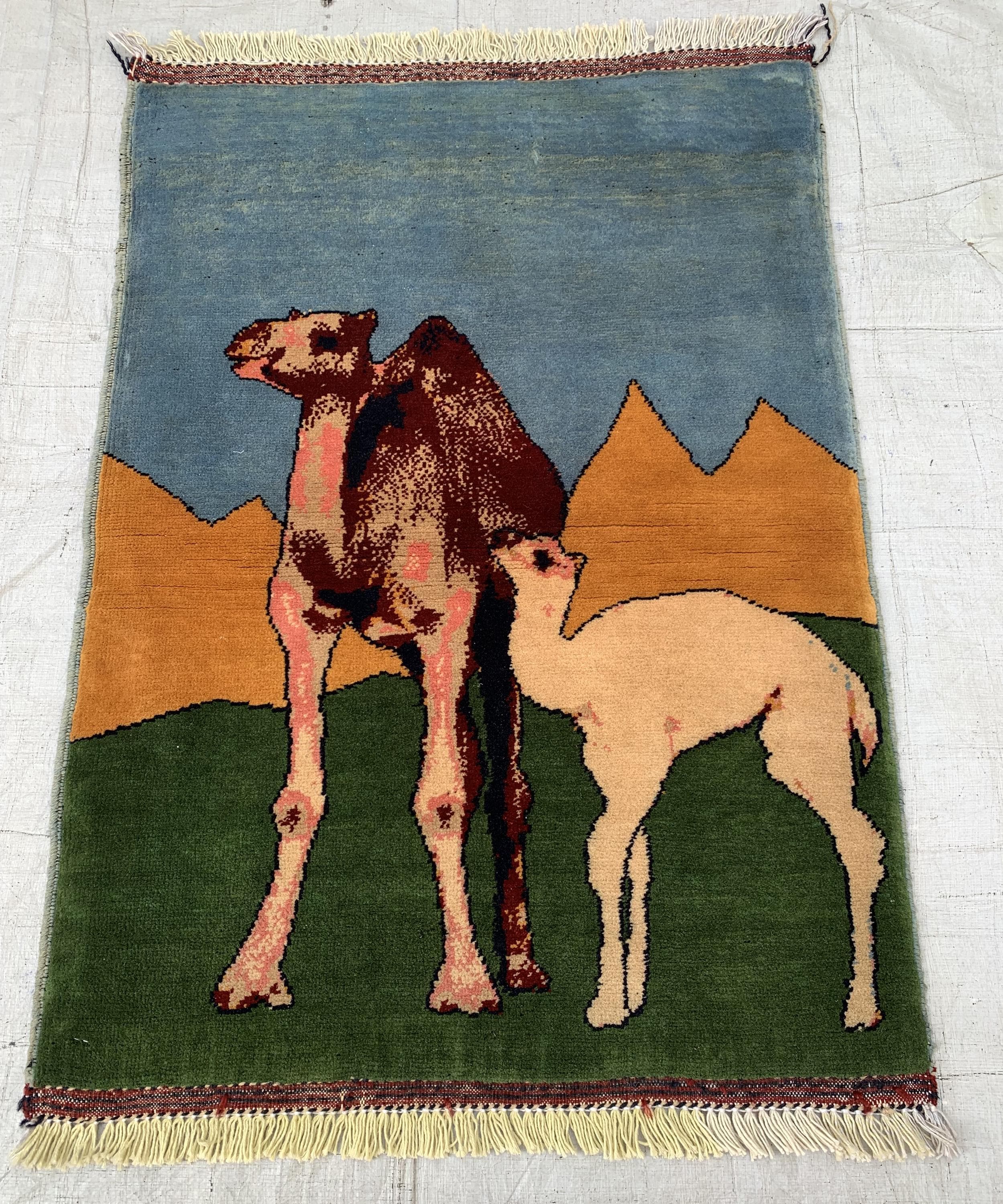 Afghan Camel Scene Rug 2.1x3.1 ft – Handwoven Wool Wall Hanging or Accent Rug with Desert Landscape Design, Decorative Wall Rug