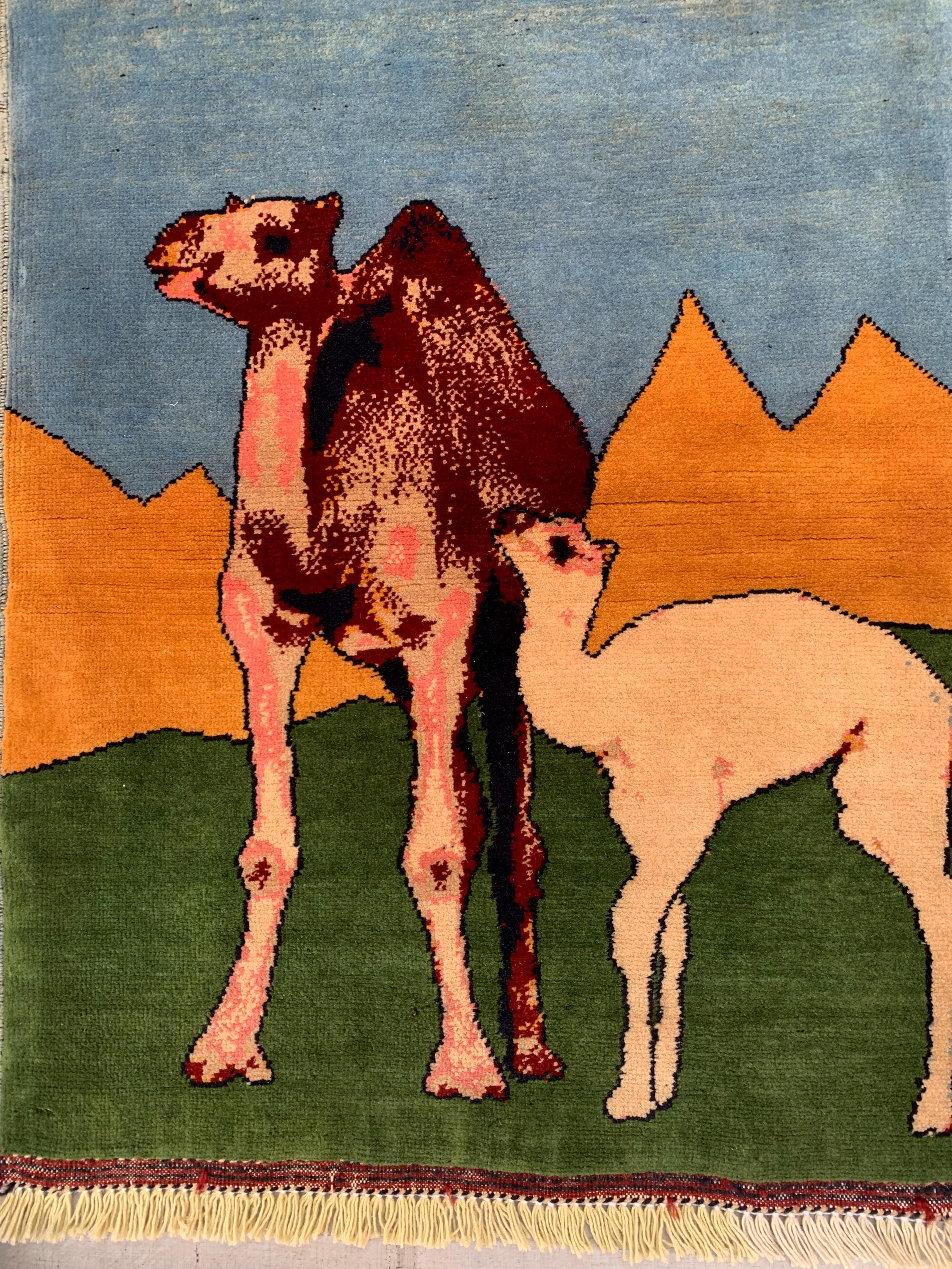 Afghan Camel Scene Rug 2.1x3.1 ft – Handwoven Wool Wall Hanging or Accent Rug with Desert Landscape Design, Decorative Wall Rug