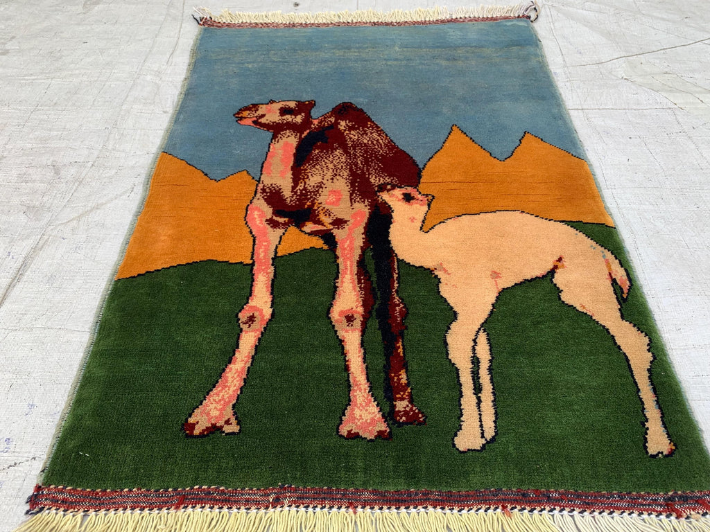 Afghan Camel Scene Rug 2.1x3.1 ft – Handwoven Wool Wall Hanging or Accent Rug with Desert Landscape Design, Decorative Wall Rug