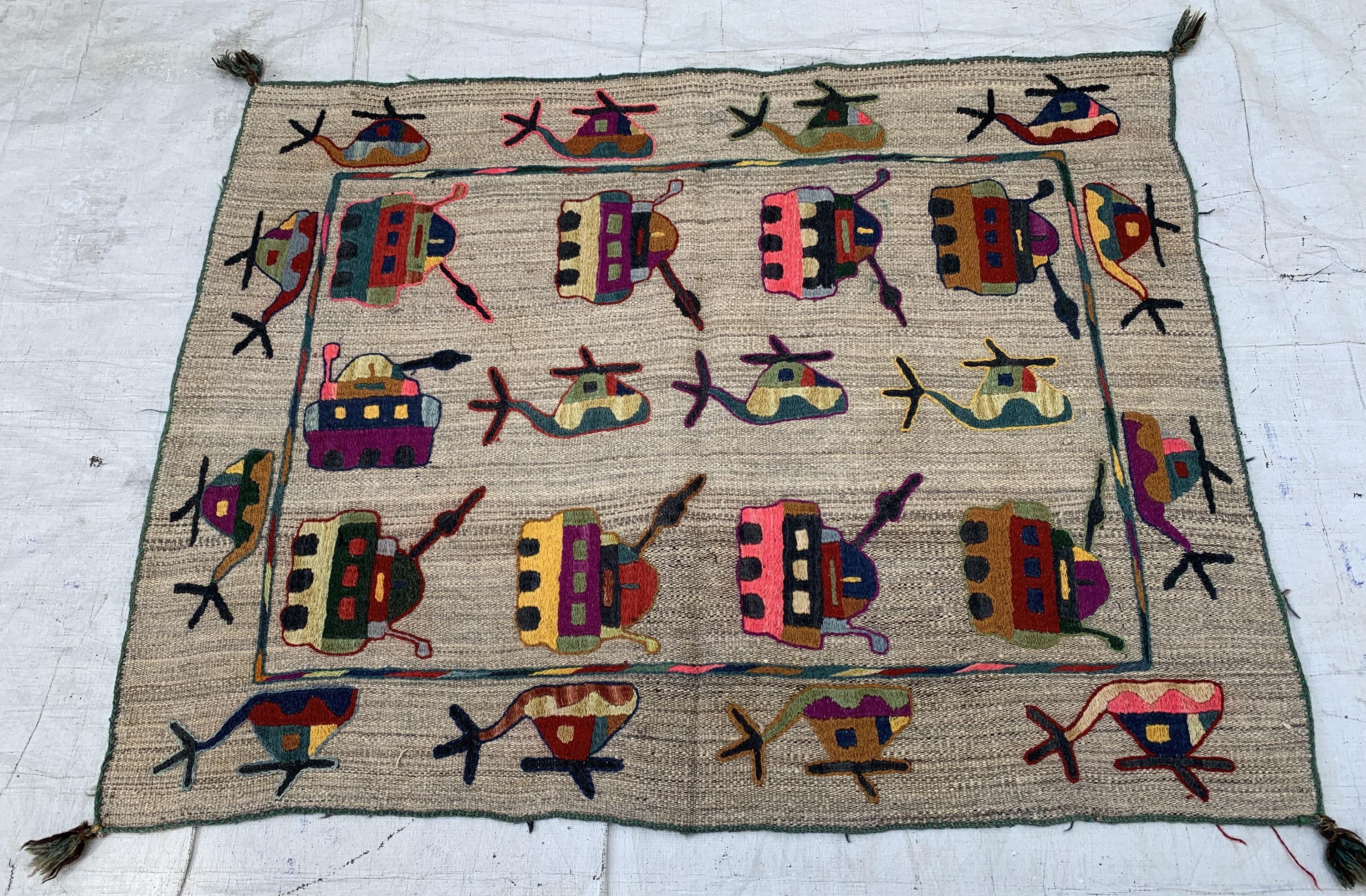 Vintage Afghan War Kilim 3.1x4.1 ft – Handwoven Wool Rug with Tanks, Helicopters & Planes – Tribal Conflict Art Decor, Collectors Rug