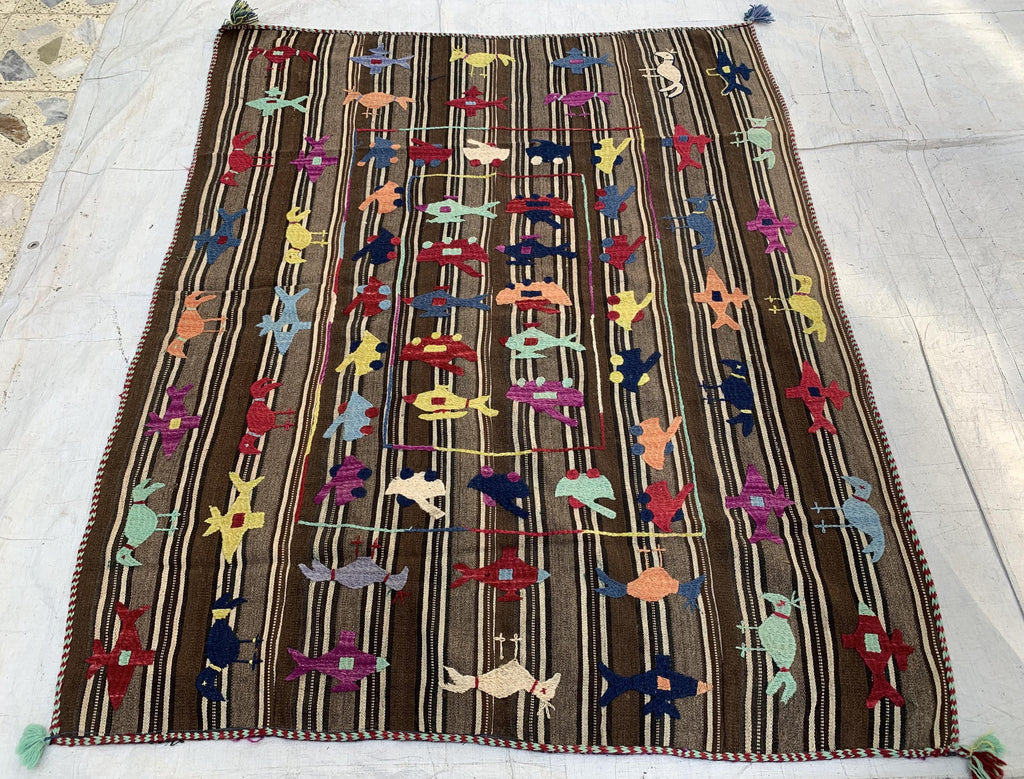 Afghan War Kilim 5.1x4.2 ft–Handwoven Wool Rug with Tanks, Helicopters & Planes–Tribal Conflict Art Decor, Perfect Rug for Kids Room