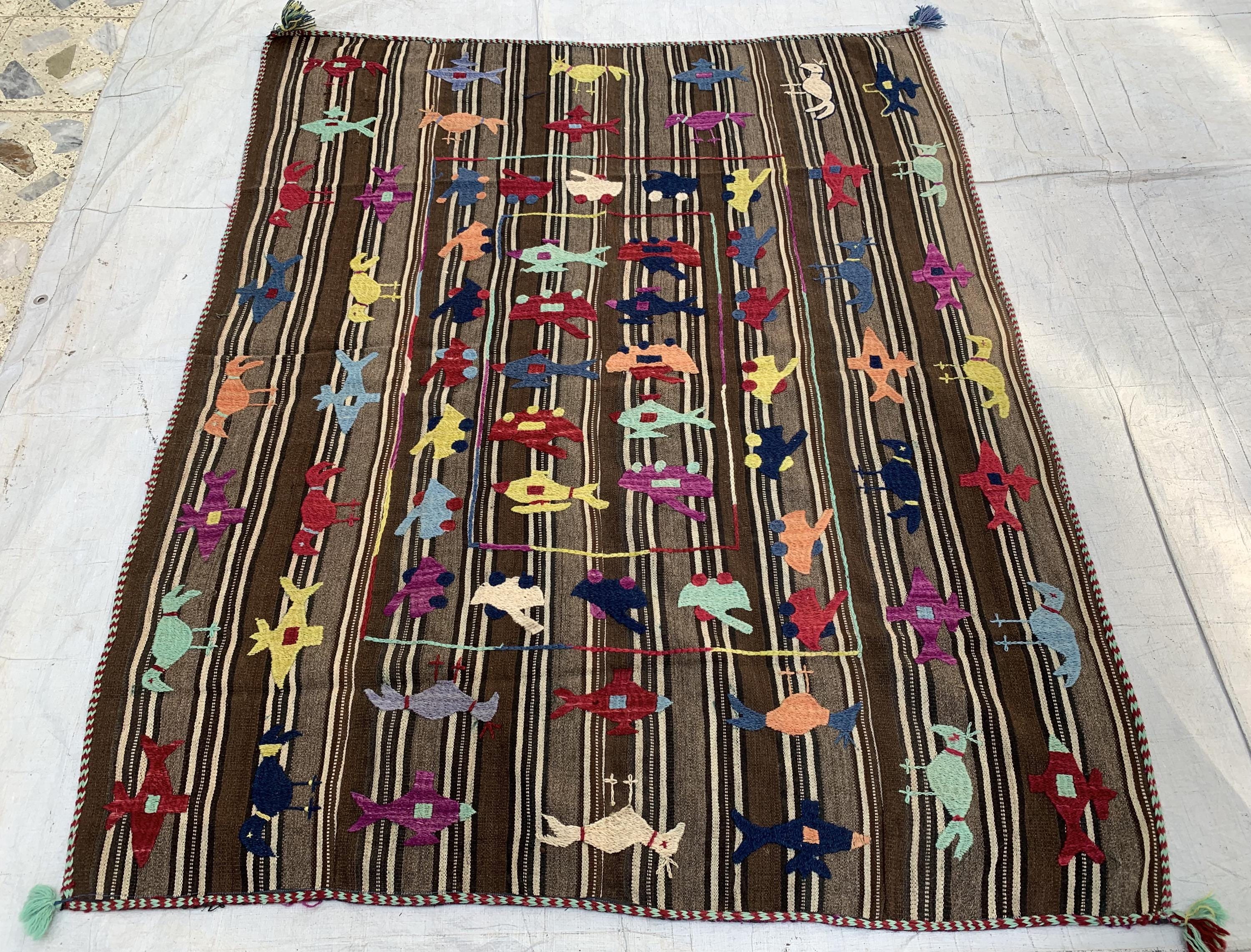 Afghan War Kilim 5.1x4.2 ft–Handwoven Wool Rug with Tanks, Helicopters & Planes–Tribal Conflict Art Decor, Perfect Rug for Kids Room