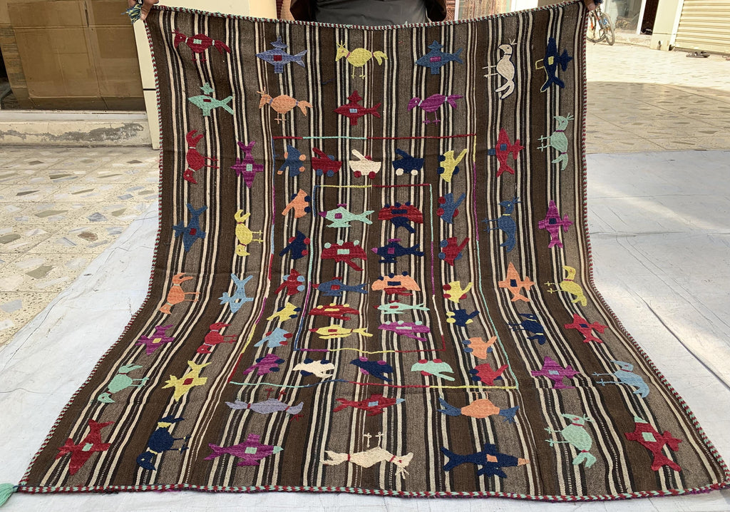 Afghan War Kilim 5.1x4.2 ft–Handwoven Wool Rug with Tanks, Helicopters & Planes–Tribal Conflict Art Decor, Perfect Rug for Kids Room