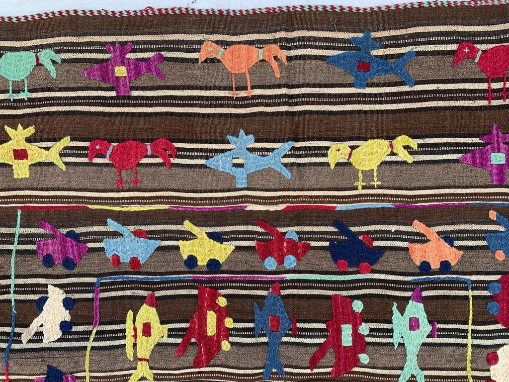 Afghan War Kilim 5.1x4.2 ft–Handwoven Wool Rug with Tanks, Helicopters & Planes–Tribal Conflict Art Decor, Perfect Rug for Kids Room