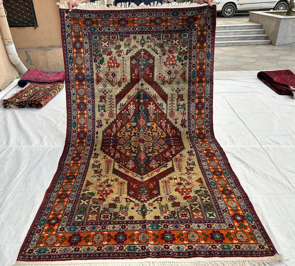 Afghan Handmade Gul Naksha Rug – 4.4x7.5 ft – Traditional Tribal Wool Carpet – Boho Oriental Area Rug – Geometric Nomadic Design”
