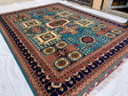 Vibrant Handmade Mamluk Rug – 9.10 x 13.5 ft | Large Wool Area Rug | Blue, Red, Ivory, Teal Oriental Carpet for Living Room or Dining Area