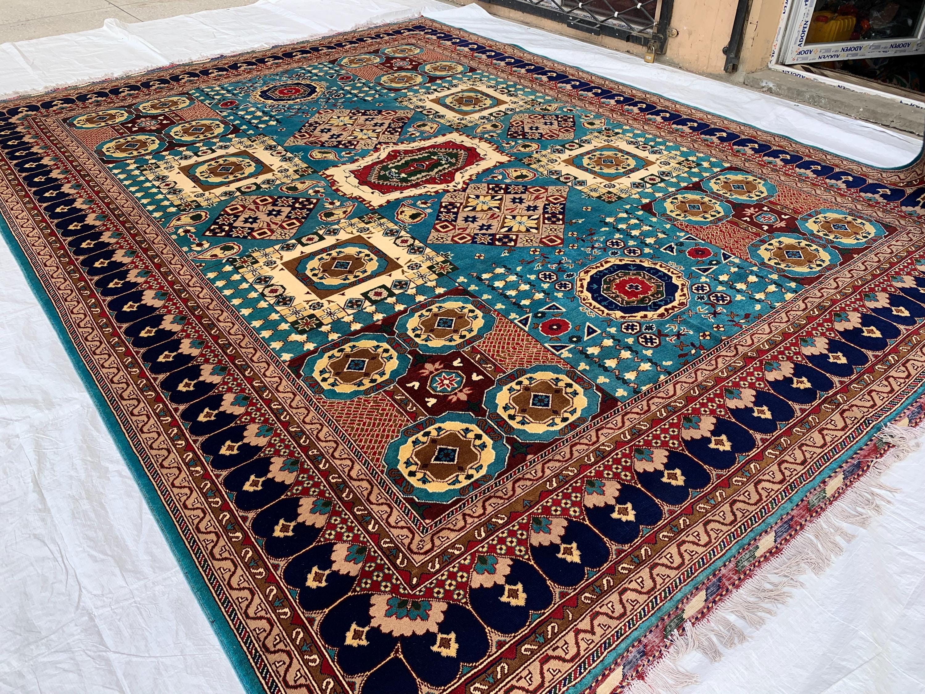 Vibrant Handmade Mamluk Rug – 9.10 x 13.5 ft | Large Wool Area Rug | Blue, Red, Ivory, Teal Oriental Carpet for Living Room or Dining Area