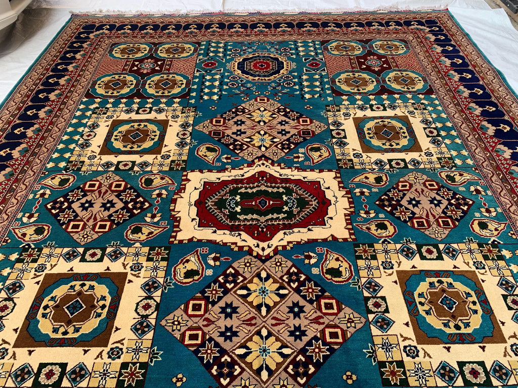 Vibrant Handmade Mamluk Rug – 9.10 x 13.5 ft | Large Wool Area Rug | Blue, Red, Ivory, Teal Oriental Carpet for Living Room or Dining Area