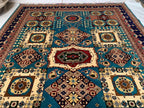Vibrant Handmade Mamluk Rug – 9.10 x 13.5 ft | Large Wool Area Rug | Blue, Red, Ivory, Teal Oriental Carpet for Living Room or Dining Area