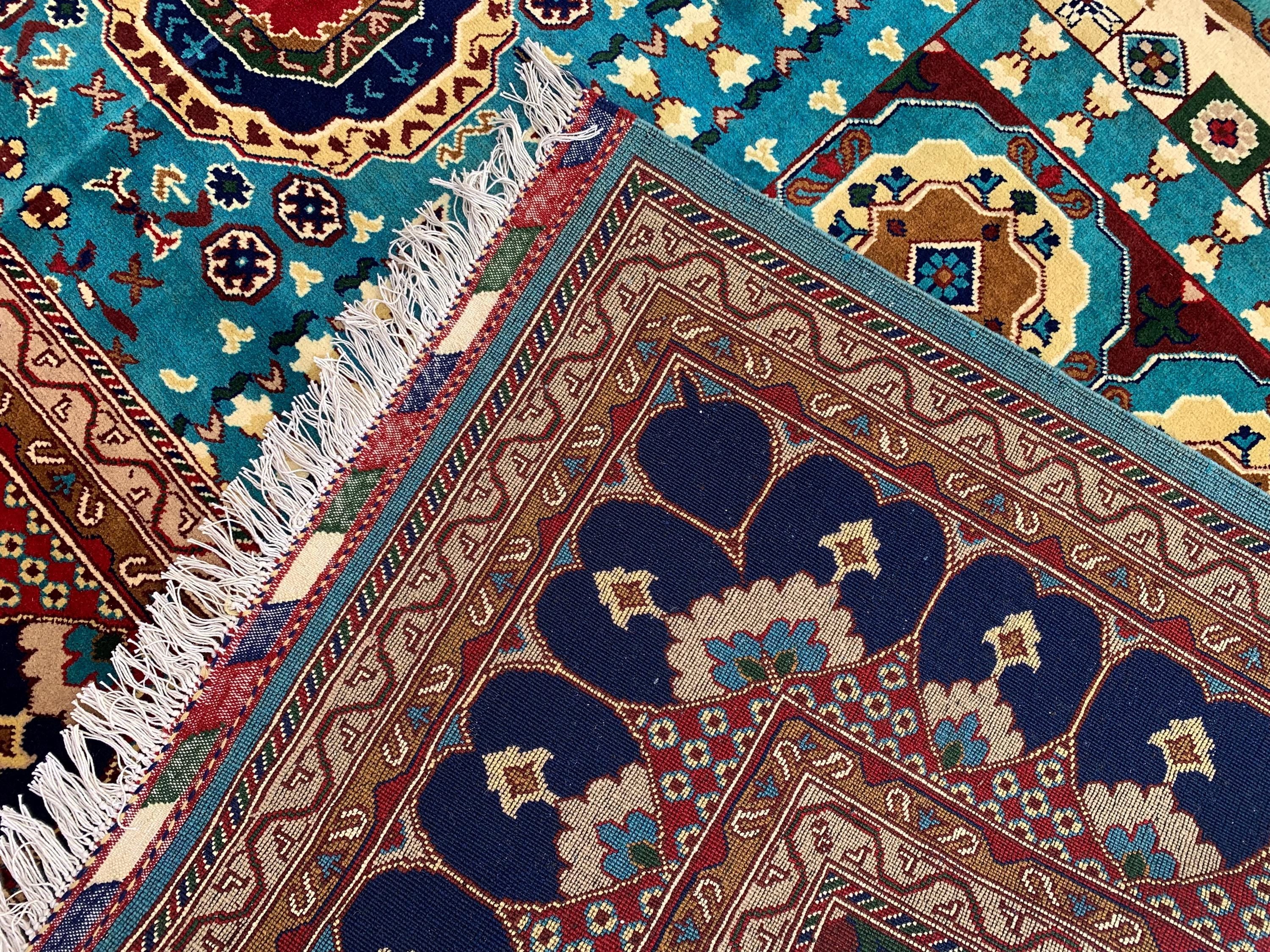 Vibrant Handmade Mamluk Rug – 9.10 x 13.5 ft | Large Wool Area Rug | Blue, Red, Ivory, Teal Oriental Carpet for Living Room or Dining Area