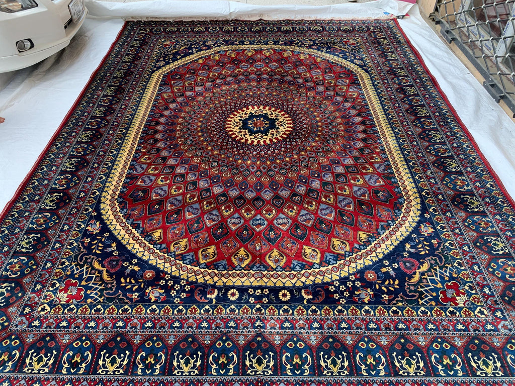 10x13 Handmade Parak Beljik Rug | Large Afghan Wool Area Rug | Traditional Oriental Carpet in Deep Red, Blue & Beige Tones 9.10 x 13.4 ft