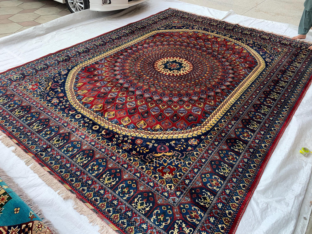 10x13 Handmade Parak Beljik Rug | Large Afghan Wool Area Rug | Traditional Oriental Carpet in Deep Red, Blue & Beige Tones 9.10 x 13.4 ft