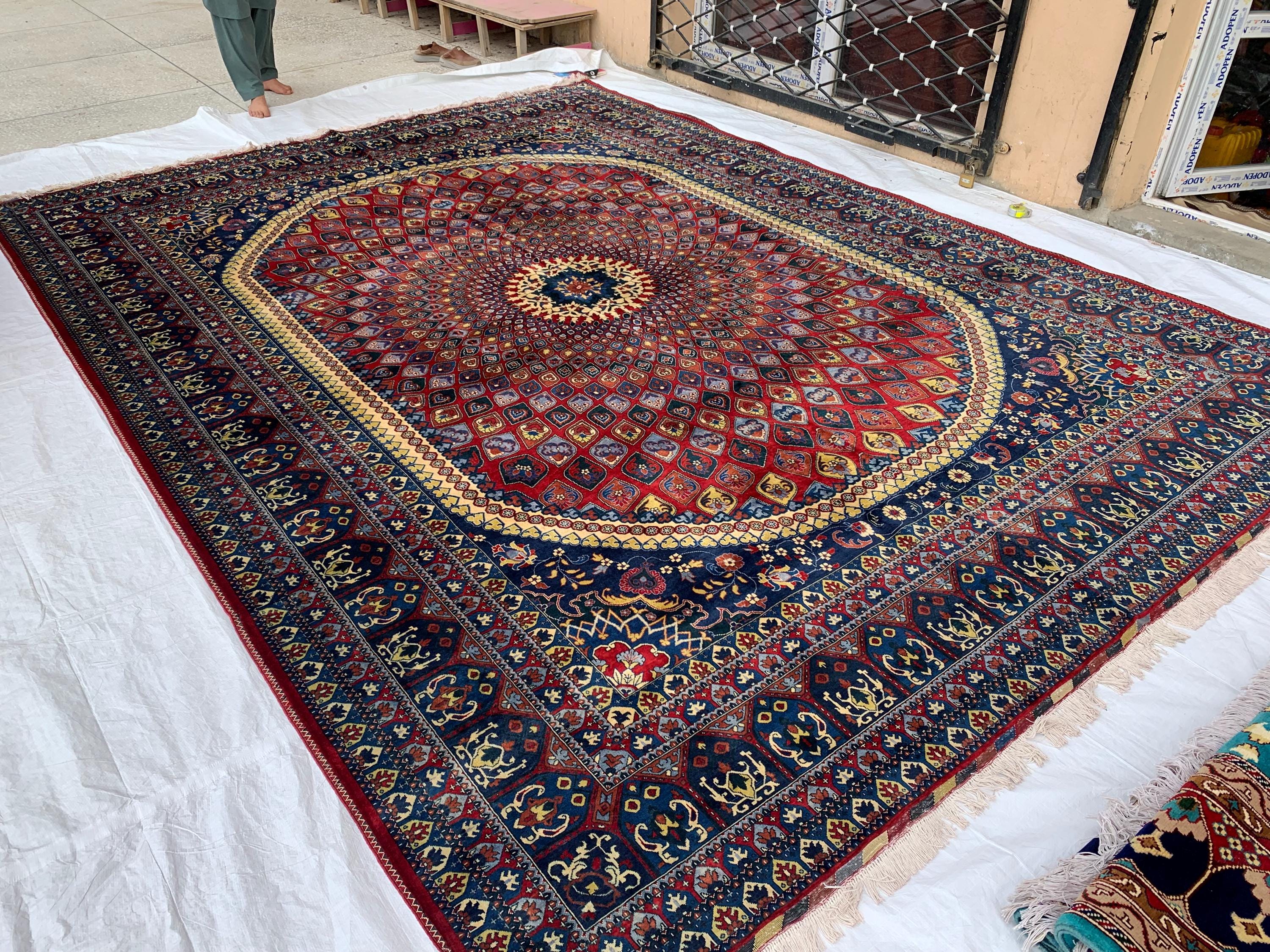 10x13 Handmade Parak Beljik Rug | Large Afghan Wool Area Rug | Traditional Oriental Carpet in Deep Red, Blue & Beige Tones 9.10 x 13.4 ft