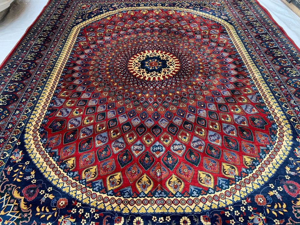 10x13 Handmade Parak Beljik Rug | Large Afghan Wool Area Rug | Traditional Oriental Carpet in Deep Red, Blue & Beige Tones 9.10 x 13.4 ft